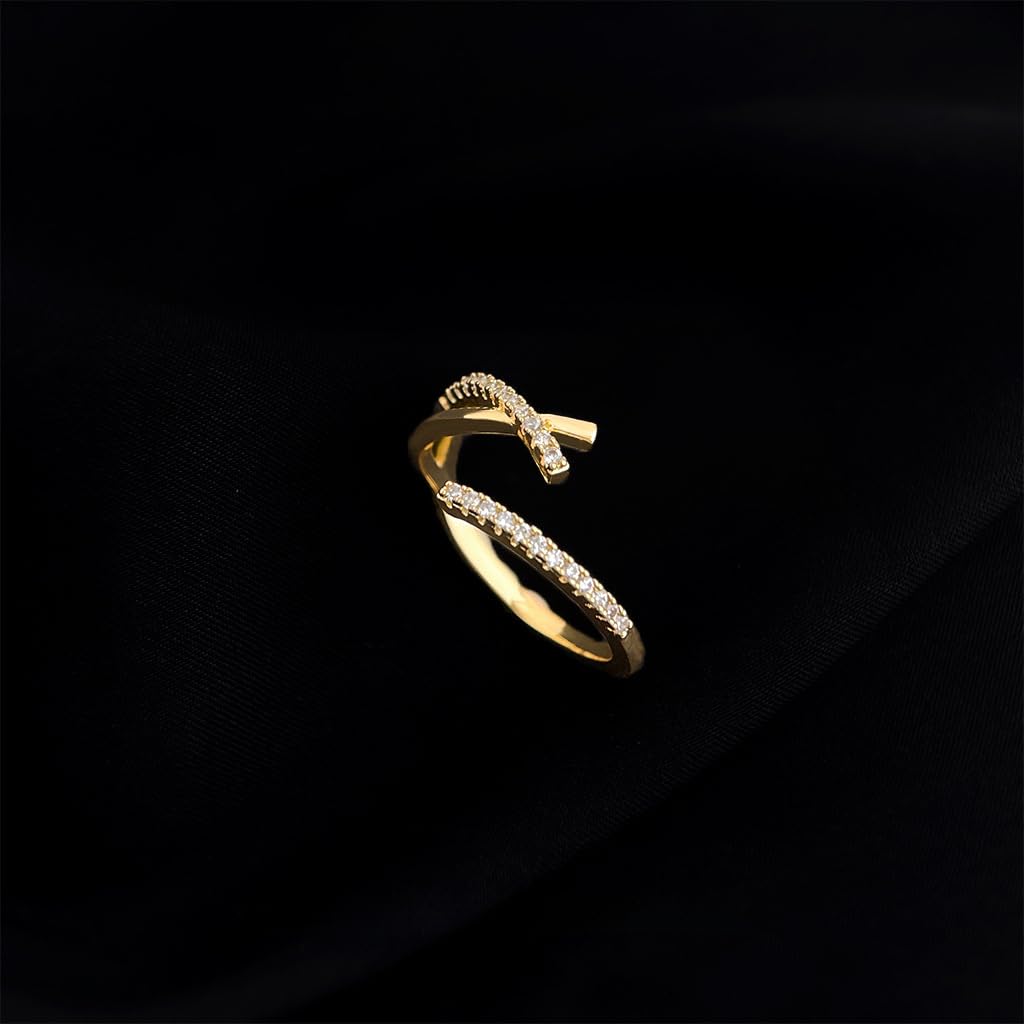 UELSTA Sparkling Rhinestone Crossover Adjustable Ring for Women Sustainable 14K Gold Plated Recycled Brass Dazzling Cubic Zirconia Open Design Minimalist & Versatile