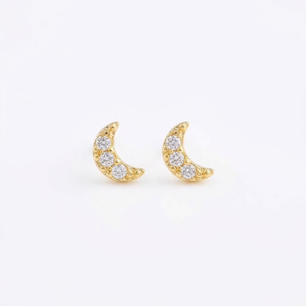 UELSTA Sparkling Rhinestone Crescent Moon Stud Earrings for Women Sustainable 14K Gold Plated Recycled Brass Micro-Inlaid Zircon Hypoallergenic 925 Silver Posts Minimalist & Celestial 3x4mm