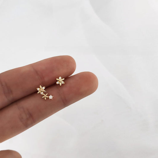 UELSTA Sparkling Asymmetrical Zircon Flower Stud Earrings for Women Sustainable 14K Gold Plated Recycled Brass Micro-Inlaid Zircon Rhinestone Hypoallergenic 925 Silver Posts Nature-Inspired & Unique 12mm/5mm