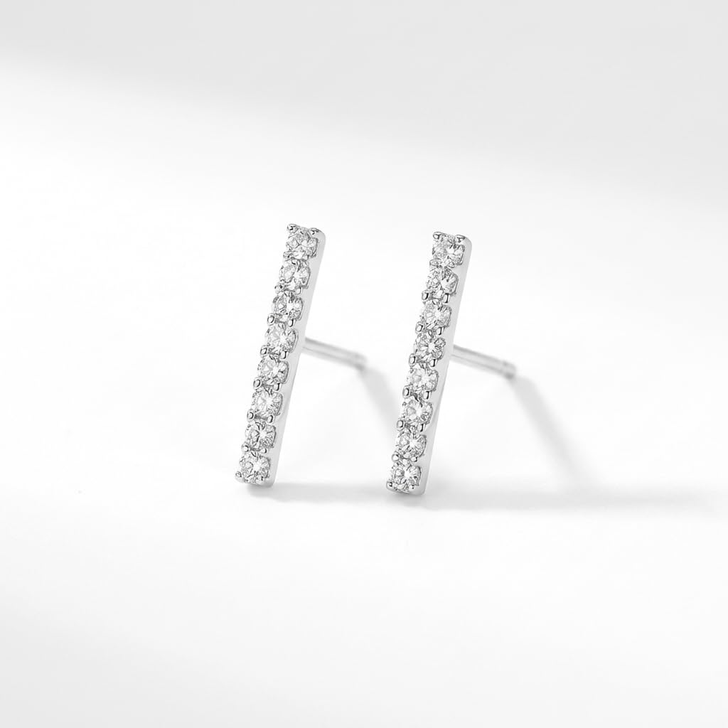UELSTA Sparkling Rhinestone Linear Bar Stud Earrings for Women Sustainable 14K Gold Plated Recycled Brass Micro-Inlaid Zircon Hypoallergenic 925 Silver Posts Minimalist & Elegant 14x2mm