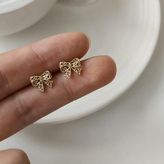 UELSTA Delicate Filigree Bow Stud Earrings for Women Sustainable 14K Gold Plated Recycled Brass PVD Coated Hypoallergenic 925 Silver Posts Miniature & Elegant 10mm
