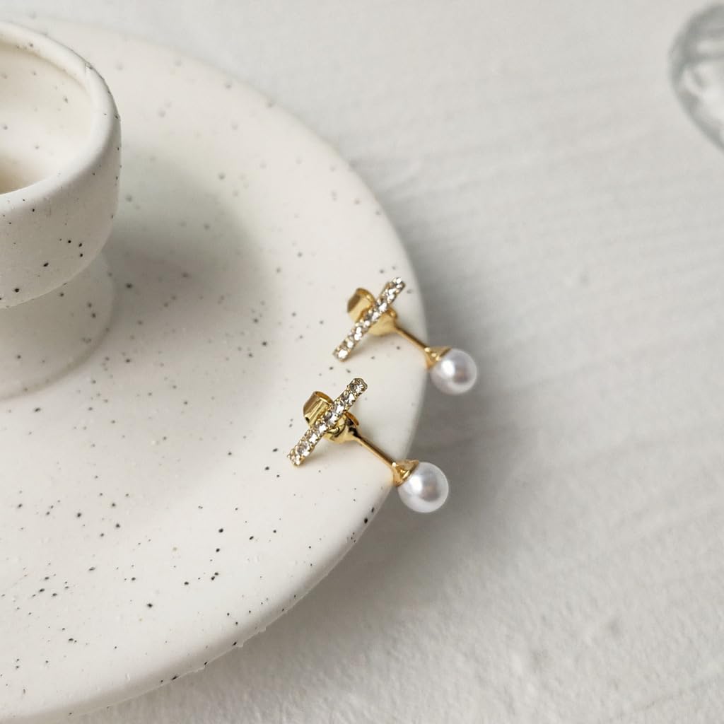 UELSTA Sparkling Rhinestone Bar & Pearl Stud Earrings for Women Sustainable 14K Gold Plated Recycled Brass 925 Sterling Silver Posts Faux Pearls Rhinestone Bar Design 14x19mm