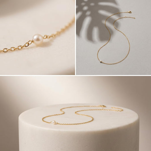 UELSTA Delicate Pearl & Chain Necklace for Women Sustainable 18K Gold Plated Recycled Brass Ethically Sourced Natural 3mm Pearl Minimalist & Timeless 36+5cm