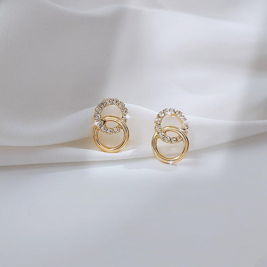 UELSTA Sparkling Interlocking Circle Stud Earrings for Women Sustainable 14K Gold Plated Recycled Brass Micro-Inlaid Zircon Rhinestone Hypoallergenic 925 Silver Posts Minimalist & Symbolic 10mm