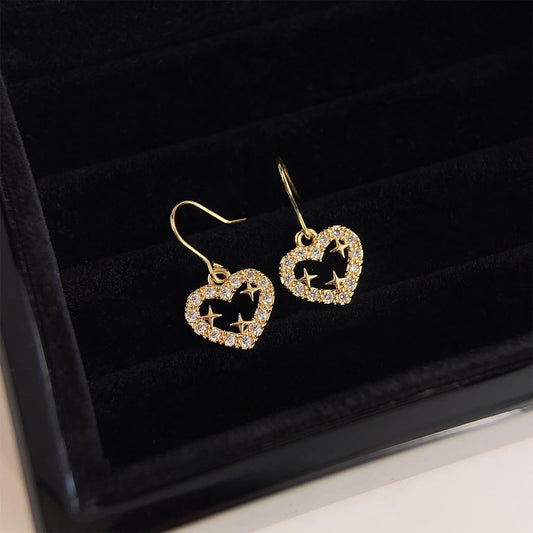UELSTA Sparkling Star Heart Drop Earrings for Women Sustainable 18K Real Gold Plated Recycled Brass Micro-Inlaid Zircon Rhinestone Dainty & Celestial 12mm