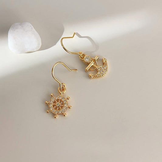 UELSTA Nautical Asymmetric Drop Earrings for Women Sustainable 18K Gold Plated Recycled Brass Micro-Inlaid Zircon Rhinestone Anchor & Steering Wheel Design 10mm