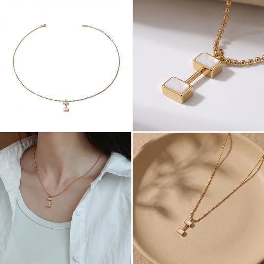 UELSTA Geometric Mother-of-Pearl Pendant Necklace for Women Sustainable 18K Gold Plated Stainless Steel Stacked White Shell Design Minimalist & Versatile 42+6cm