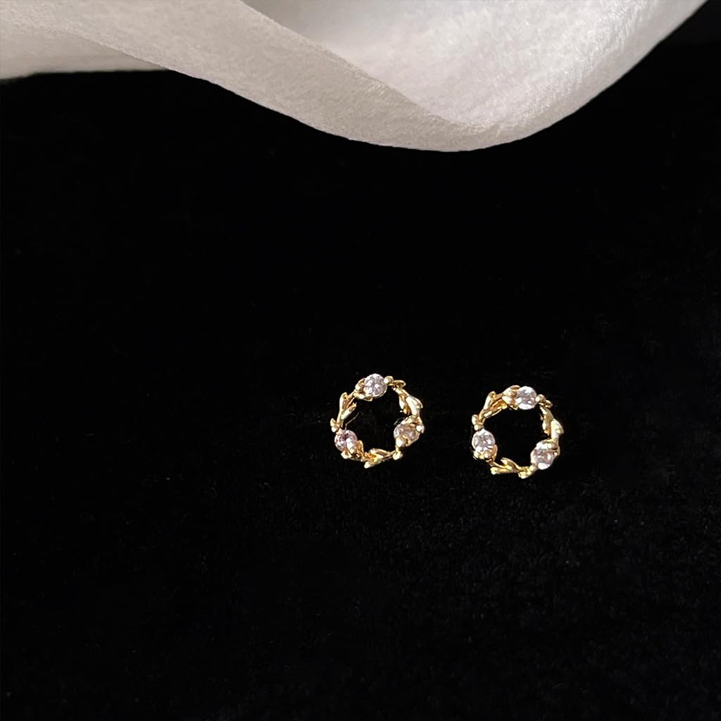 UELSTA Sparkling Zircon Wreath Stud Earrings for Women Sustainable 14K Gold Plated Recycled Brass Micro-Inlaid Zircon Rhinestone Hypoallergenic 925 Silver Posts Minimalist & Nature-Inspired 6mm