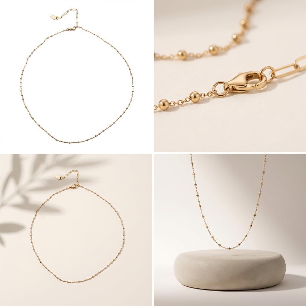 UELSTA Classic Satellite Chain Necklace for Women Sustainable 18K Gold Plated Recycled Brass PVD Coated Minimalist Layering Choker 41+6cm