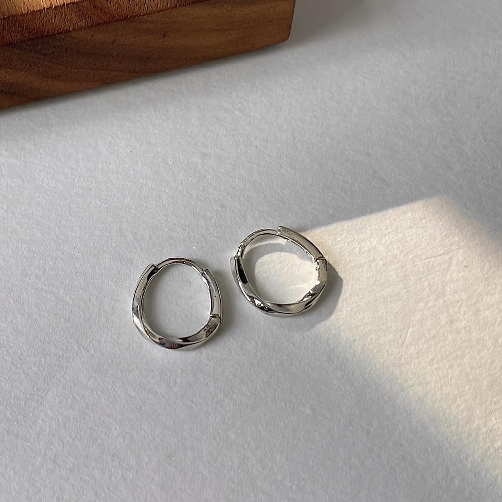 UELSTA Twisted Hoop Earrings for Women Sustainable 14K Real White Gold Plated Recycled Brass Hypoallergenic 925 Sterling Silver Posts PVD Coated Minimalist & Textured 14mm