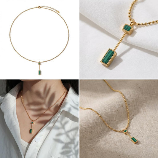 UELSTA Geometric Malachite Bar Pendant Necklace for Women Sustainable 18K Gold Plated Stainless Steel Linear Design Ethically Sourced Malachite Minimalist & Versatile 42+6cm