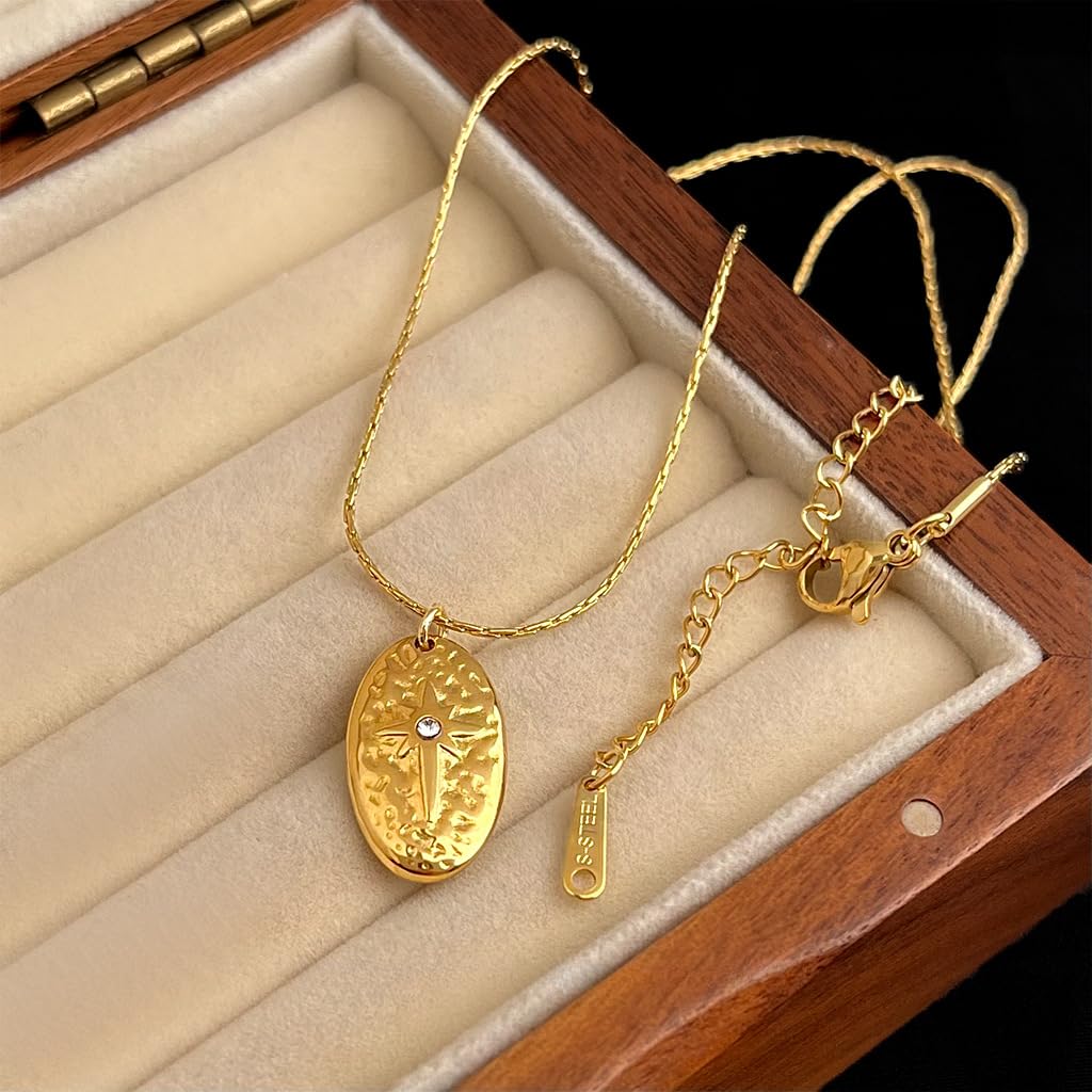UELSTA Guiding Star Anhänger-Halskette für Damen Nachhaltig 18K vergoldeter Edelstahl Ovales Sternenregen-Design Strass Minimalistisch & Vielseitig 46+5cm