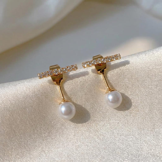 UELSTA Sparkling Rhinestone Bar & Pearl Stud Earrings for Women Sustainable 14K Gold Plated Recycled Brass 925 Sterling Silver Posts Faux Pearls Rhinestone Bar Design 14x19mm