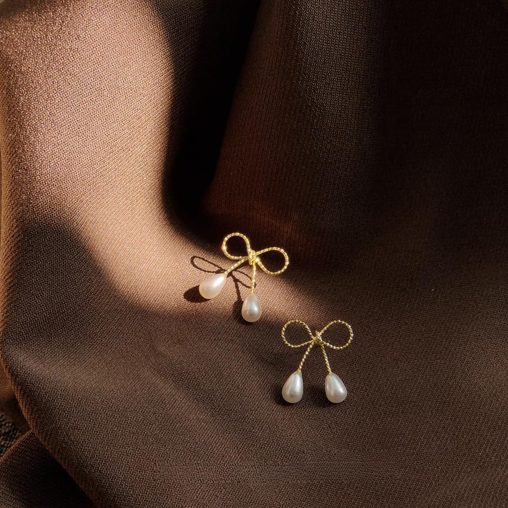 UELSTA Ribbon Pearl Drop Earrings for Women Sustainable 14K Gold Plated Recycled Brass 925 Sterling Silver Posts Faux Pearls Bowknot Design 17mm