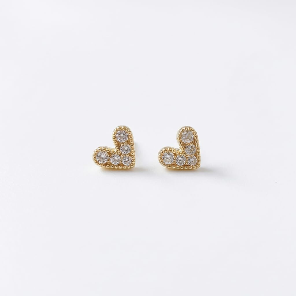 UELSTA Sparkling Rhinestone Petite Heart Stud Earrings for Women Sustainable 14K Gold Plated Recycled Brass Micro-Inlaid Zircon Hypoallergenic 925 Silver Posts Dainty & Elegant 7mm