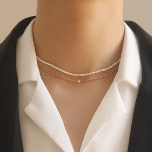 UELSTA Delicate Pearl & Chain Necklace for Women Sustainable 18K Gold Plated Recycled Brass Ethically Sourced Natural 3mm Pearl Minimalist & Timeless 36+5cm