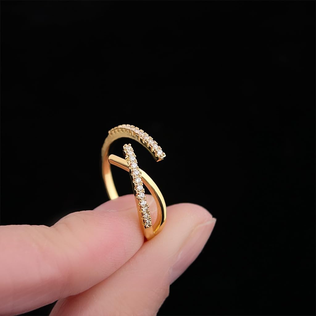 UELSTA Sparkling Rhinestone Crossover Adjustable Ring for Women Sustainable 14K Gold Plated Recycled Brass Dazzling Cubic Zirconia Open Design Minimalist & Versatile