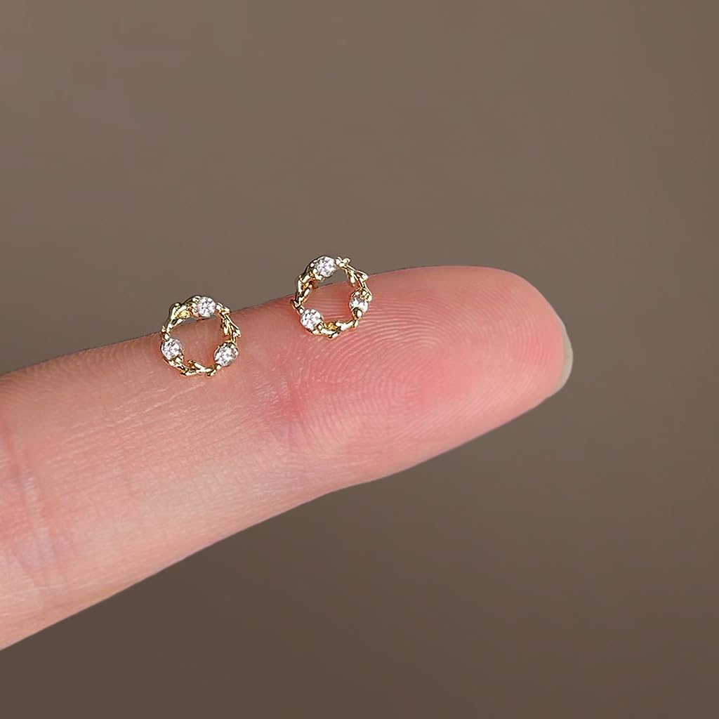 UELSTA Sparkling Zircon Wreath Stud Earrings for Women Sustainable 14K Gold Plated Recycled Brass Micro-Inlaid Zircon Rhinestone Hypoallergenic 925 Silver Posts Minimalist & Nature-Inspired 6mm