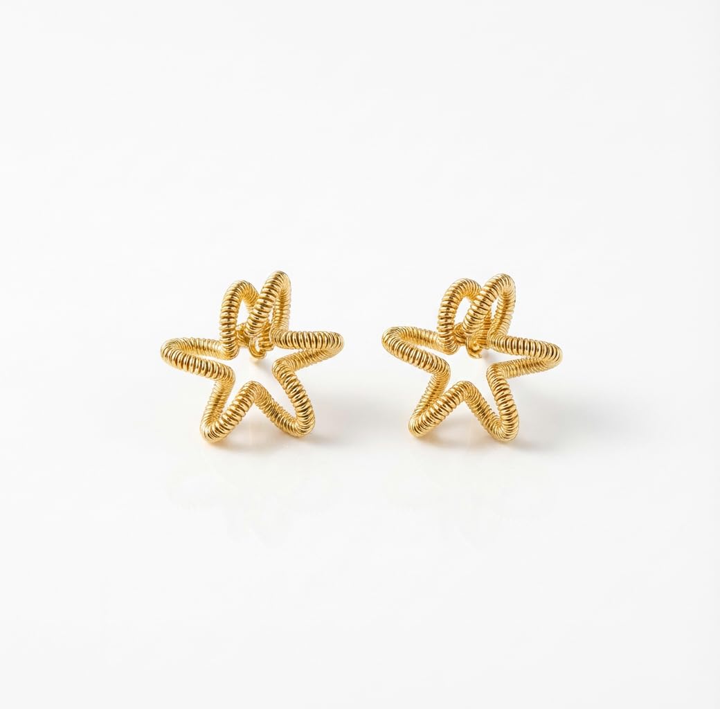UELSTA Wire-Wrapped Star Stud Earrings for Women Sustainable 14K Gold Plated Recycled Brass Hypoallergenic 925 Sterling Silver Posts PVD Coated Artisanal & Unique 13mm