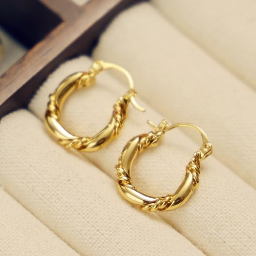 UELSTA Golden Horizon Twisted Creolen für Damen, schlichte und retro-modische Creolen, 18K vergoldet, 925er Silberstifte, Messing PVD-Beschichtung Ohrringe