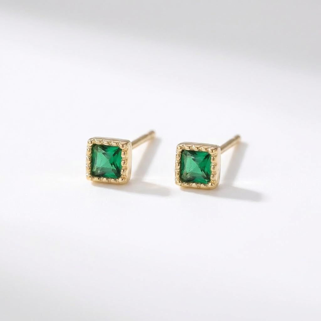 UELSTA Square Faux Emerald Stud Earrings for Women Sustainable 14K Gold Plated Recycled Brass 925 Sterling Silver Posts Faux Emerald Minimalist & Versatile 3mm