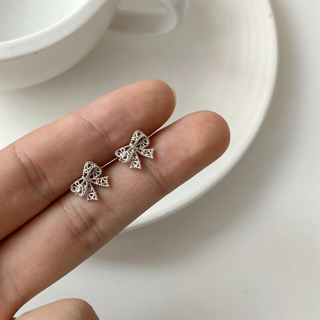 UELSTA Delicate Filigree Bow Stud Earrings for Women Sustainable 14K Gold Plated Recycled Brass PVD Coated Hypoallergenic 925 Silver Posts Miniature & Elegant 10mm