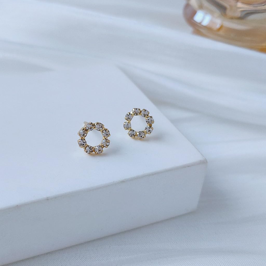 UELSTA Sparkling Rhinestone Circle Stud Earrings for Women Sustainable 14K Gold Plated Recycled Brass Micro-Inlaid Zircon Hypoallergenic 925 Silver Posts Minimalist & Elegant 11mm