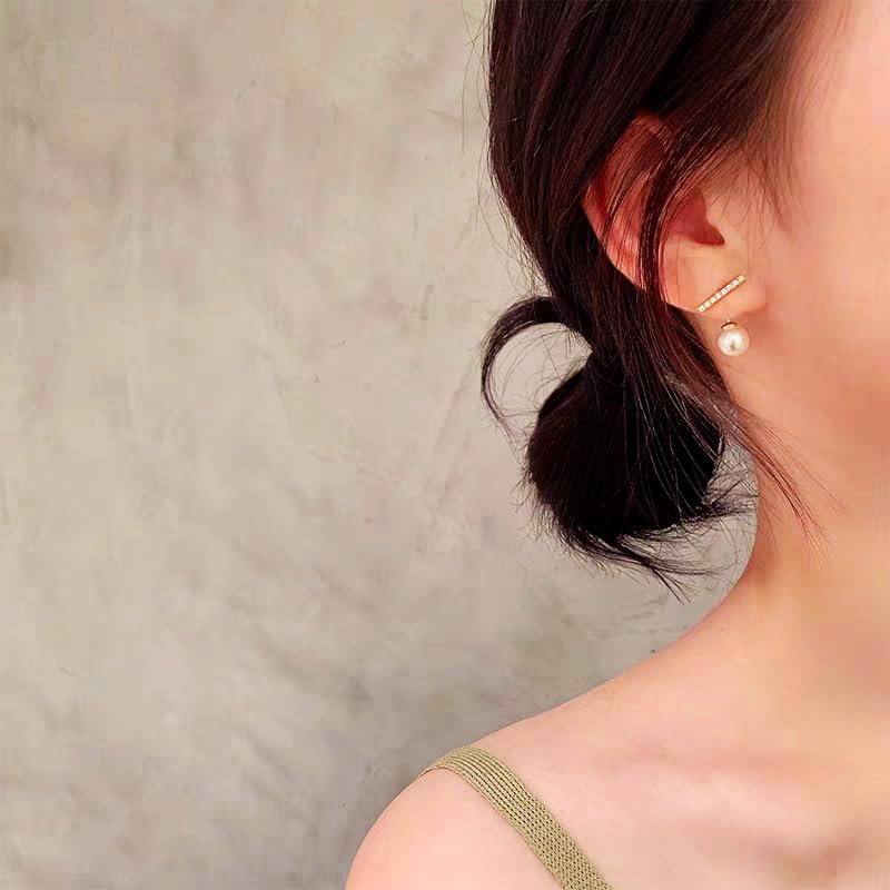 UELSTA Sparkling Rhinestone Bar & Pearl Stud Earrings for Women Sustainable 14K Gold Plated Recycled Brass 925 Sterling Silver Posts Faux Pearls Rhinestone Bar Design 14x19mm