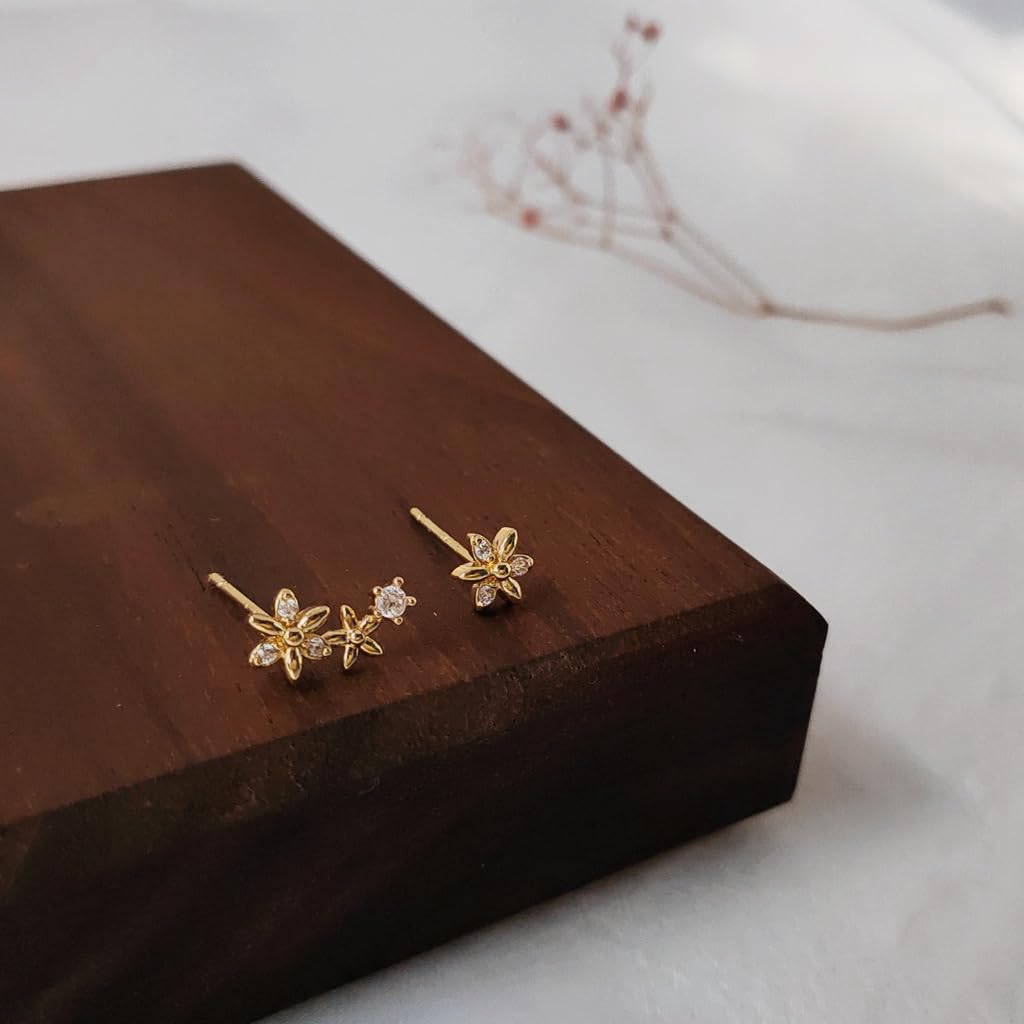 UELSTA Sparkling Asymmetrical Zircon Flower Stud Earrings for Women Sustainable 14K Gold Plated Recycled Brass Micro-Inlaid Zircon Rhinestone Hypoallergenic 925 Silver Posts Nature-Inspired & Unique 12mm/5mm