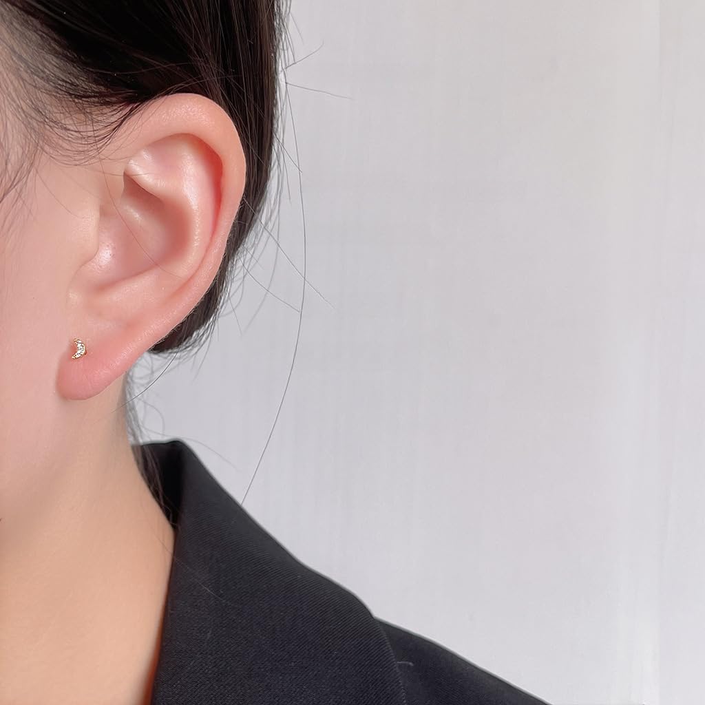 UELSTA Sparkling Rhinestone Crescent Moon Stud Earrings for Women Sustainable 14K Gold Plated Recycled Brass Micro-Inlaid Zircon Hypoallergenic 925 Silver Posts Minimalist & Celestial 3x4mm