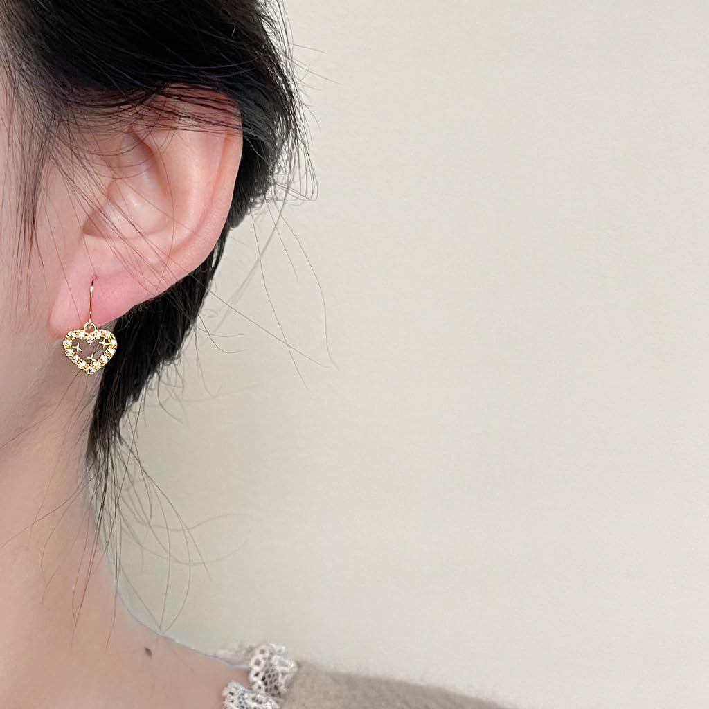 UELSTA Sparkling Star Heart Drop Earrings for Women Sustainable 18K Real Gold Plated Recycled Brass Micro-Inlaid Zircon Rhinestone Dainty & Celestial 12mm