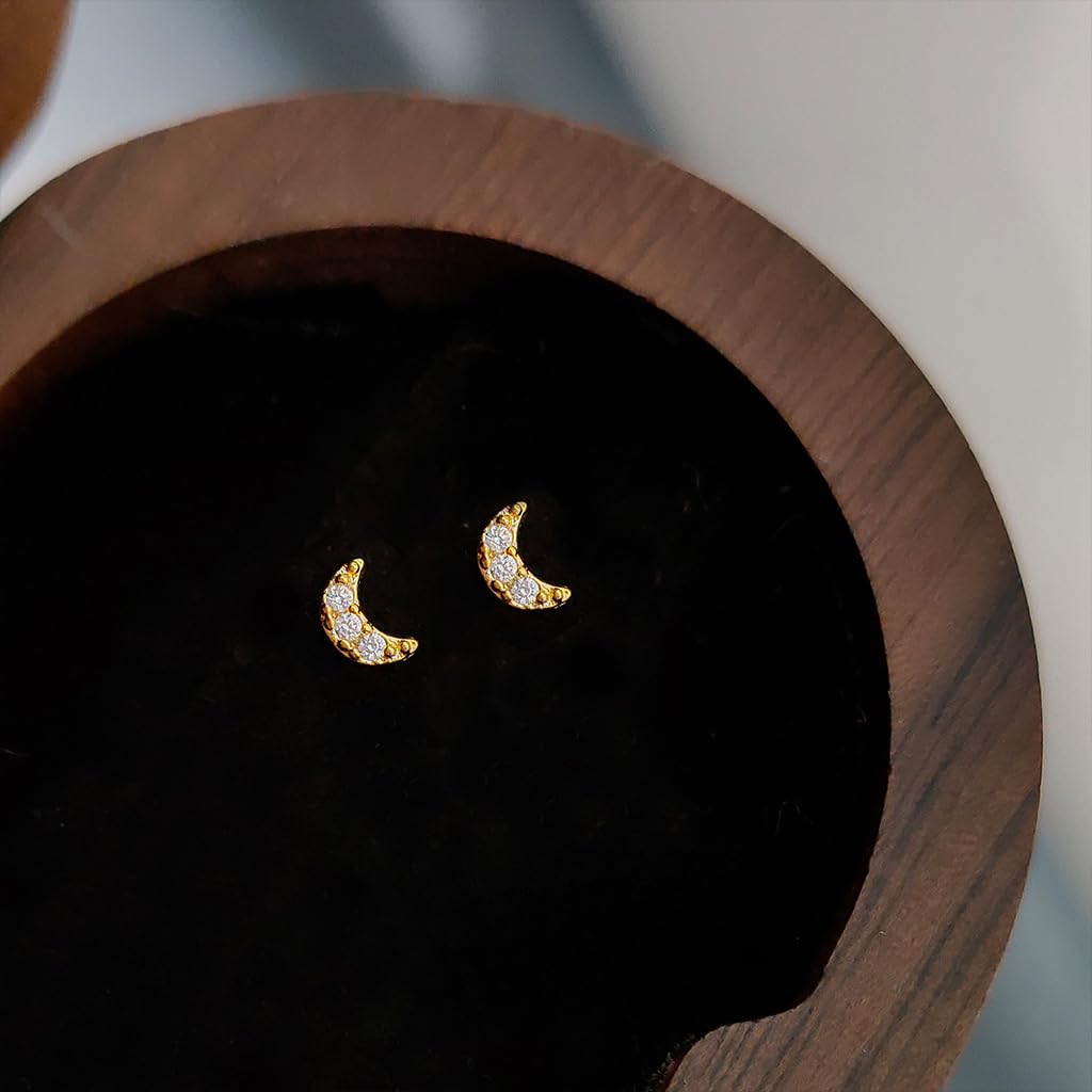 UELSTA Sparkling Rhinestone Crescent Moon Stud Earrings for Women Sustainable 14K Gold Plated Recycled Brass Micro-Inlaid Zircon Hypoallergenic 925 Silver Posts Minimalist & Celestial 3x4mm