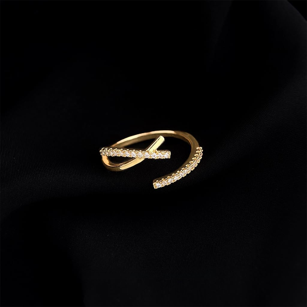 UELSTA Sparkling Rhinestone Crossover Adjustable Ring for Women Sustainable 14K Gold Plated Recycled Brass Dazzling Cubic Zirconia Open Design Minimalist & Versatile