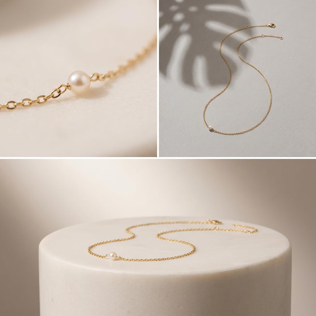 UELSTA Delicate Pearl & Chain Necklace for Women Sustainable 18K Gold Plated Recycled Brass Ethically Sourced Natural 3mm Pearl Minimalist & Timeless 36+5cm
