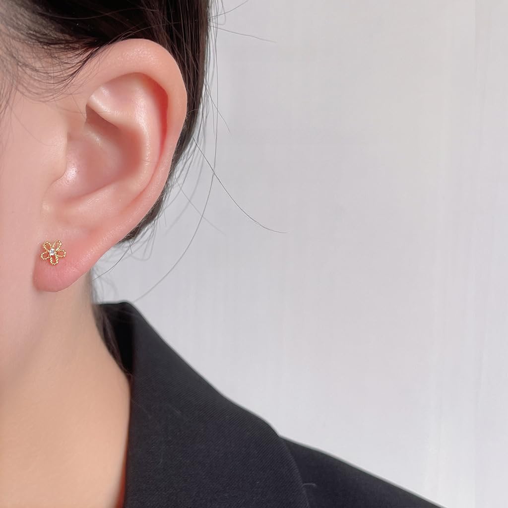 UELSTA Sparkling Zircon Flower Stud Earrings for Women Sustainable 14K Gold Plated Recycled Brass Central Zircon Rhinstone Hypoallergenic 925 Silver Posts Miniature & Nature-Inspired 6mm