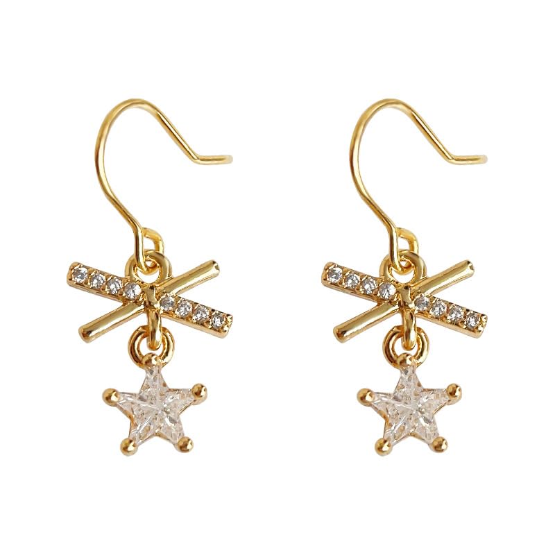 UELSTA Sparkling Rhinestone Star & Bow Drop Earrings for Women Sustainable 18K Real Gold Plated Recycled Brass Micro-Inlaid Zircon Celestial Star Design 10x23mm