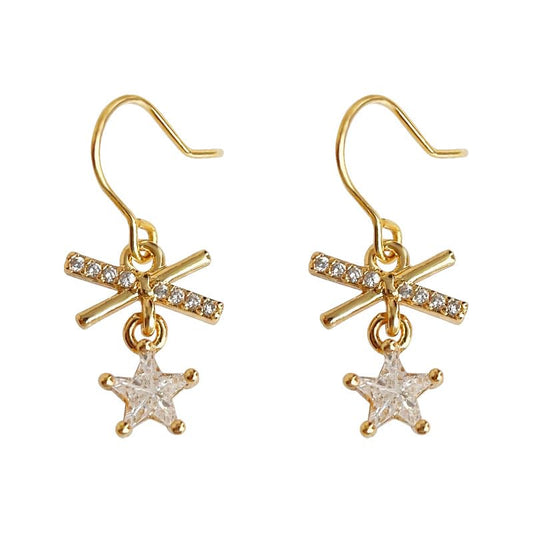 UELSTA Sparkling Rhinestone Star & Bow Drop Earrings for Women Sustainable 18K Real Gold Plated Recycled Brass Micro-Inlaid Zircon Celestial Star Design 10x23mm
