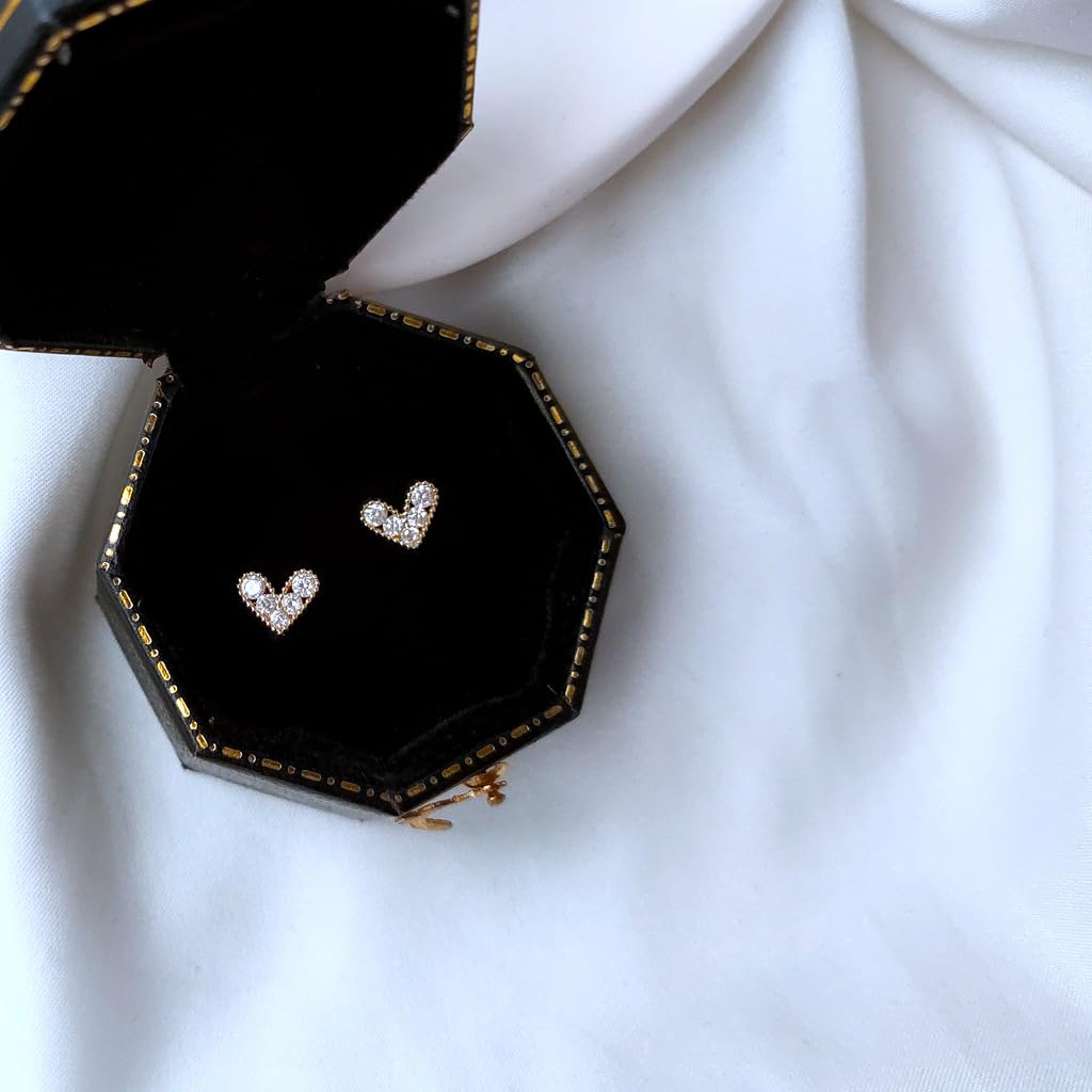 UELSTA Sparkling Rhinestone Petite Heart Stud Earrings for Women Sustainable 14K Gold Plated Recycled Brass Micro-Inlaid Zircon Hypoallergenic 925 Silver Posts Dainty & Elegant 7mm