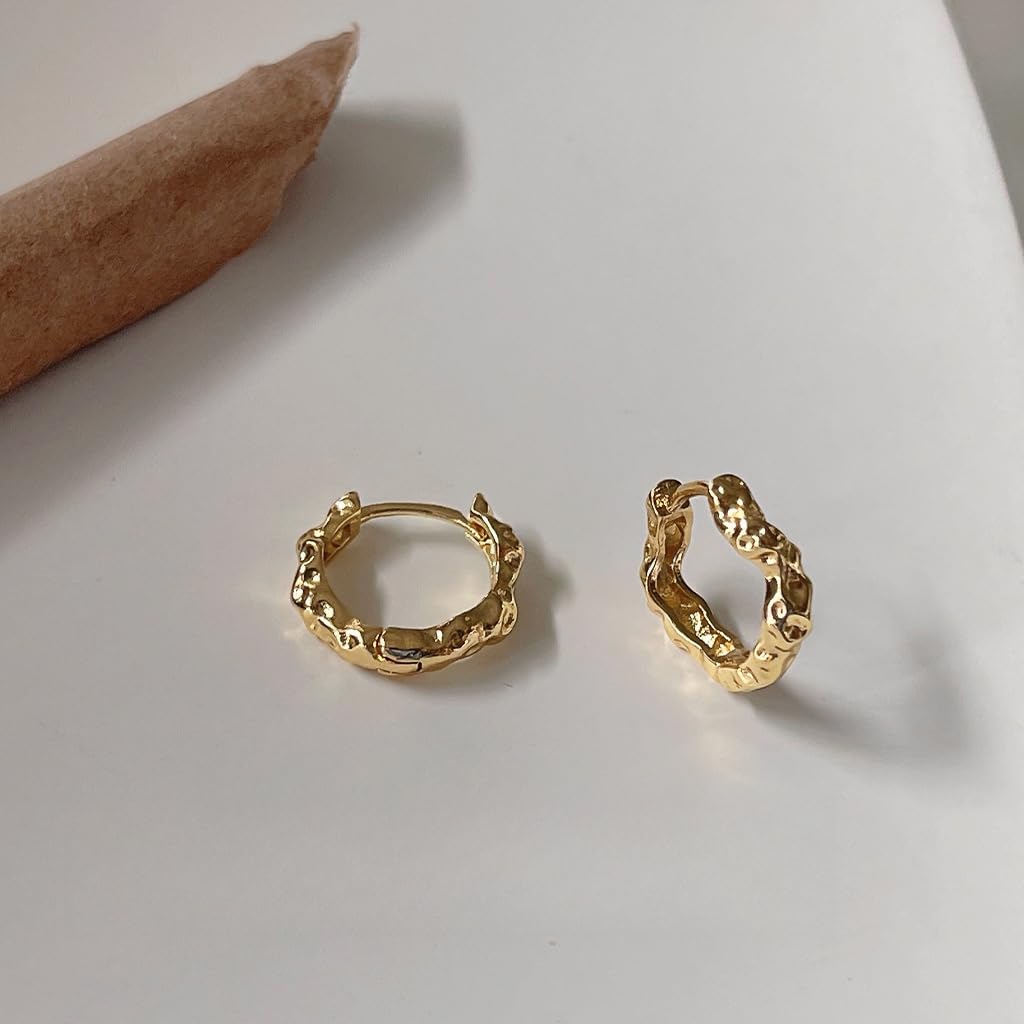 UELSTA Organic Texture Hoop Earrings for Women Sustainable 14K Gold Plated Recycled Brass Hypoallergenic 925 Sterling Silver Posts PVD Coated Unique & Modern 4x14mm