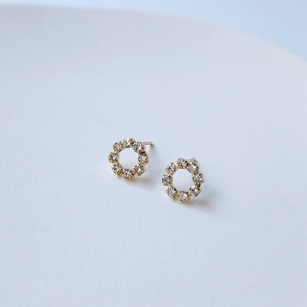 UELSTA Sparkling Rhinestone Circle Stud Earrings for Women Sustainable 14K Gold Plated Recycled Brass Micro-Inlaid Zircon Hypoallergenic 925 Silver Posts Minimalist & Elegant 11mm