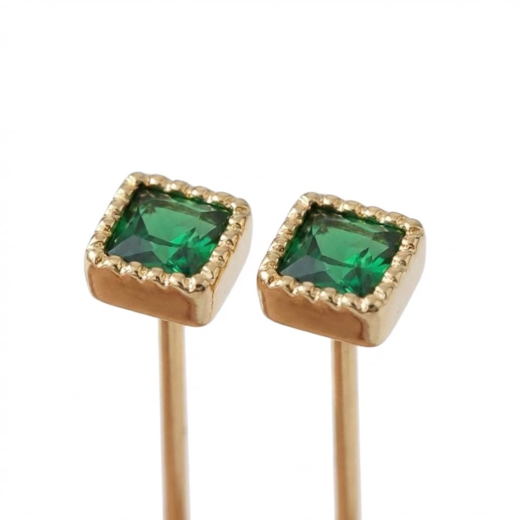 UELSTA Square Faux Emerald Stud Earrings for Women Sustainable 14K Gold Plated Recycled Brass 925 Sterling Silver Posts Faux Emerald Minimalist & Versatile 3mm
