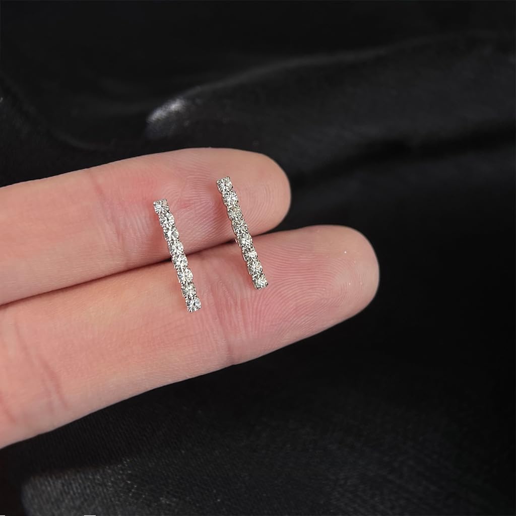 UELSTA Sparkling Rhinestone Linear Bar Stud Earrings for Women Sustainable 14K Gold Plated Recycled Brass Micro-Inlaid Zircon Hypoallergenic 925 Silver Posts Minimalist & Elegant 14x2mm