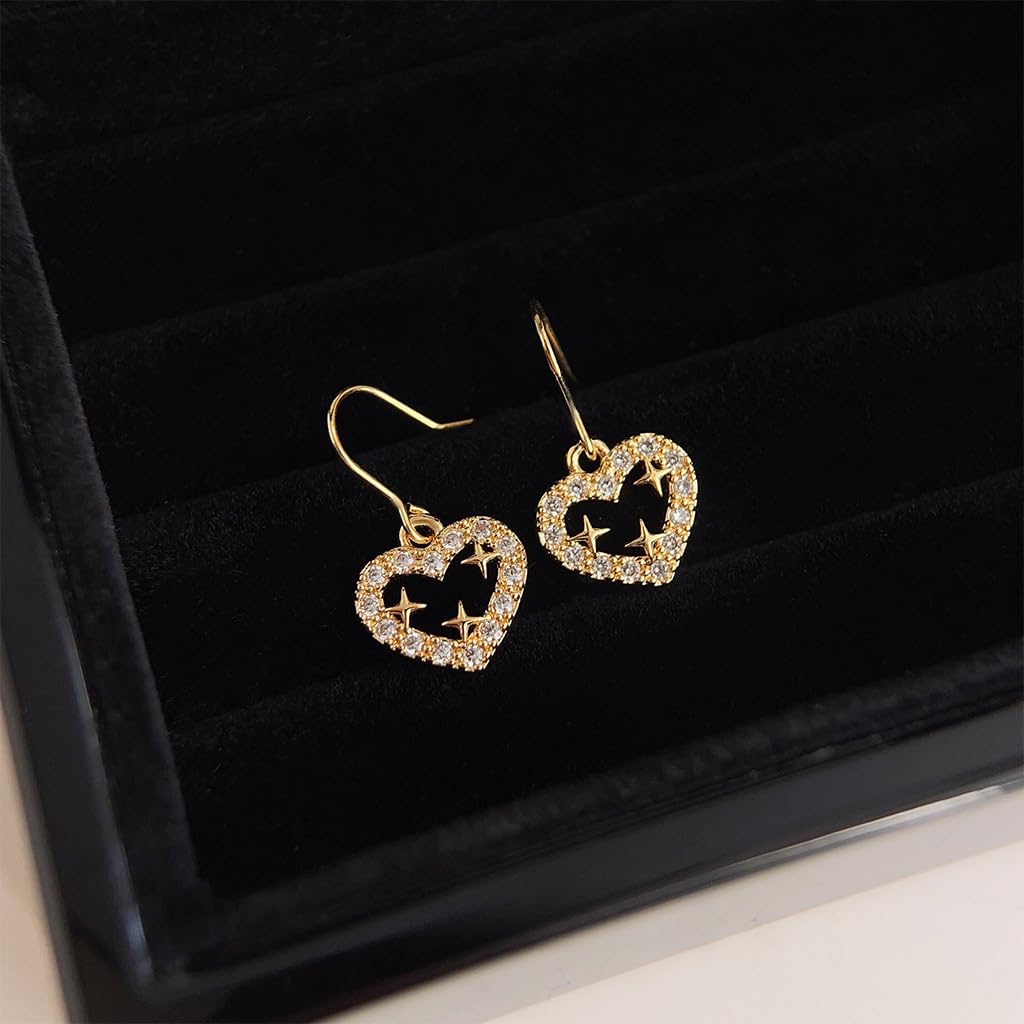 UELSTA Sparkling Star Heart Drop Earrings for Women Sustainable 18K Real Gold Plated Recycled Brass Micro-Inlaid Zircon Rhinestone Dainty & Celestial 12mm
