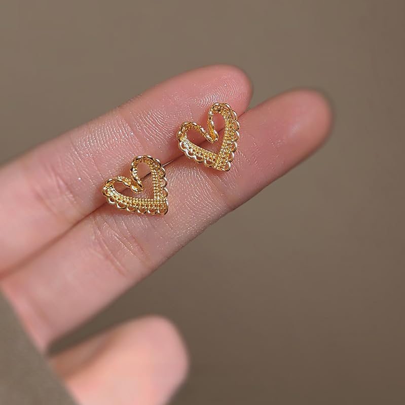 UELSTA Delicate Filigree Heart Stud Earrings for Women Sustainable 14K Gold Plated Recycled Brass Hypoallergenic 925 Sterling Silver Posts PVD Coated Openwork & Romantic 12mm