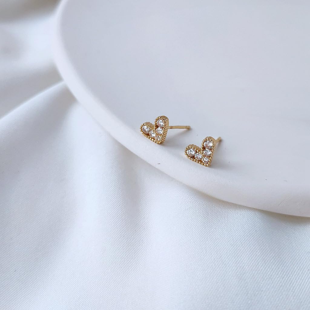 UELSTA Sparkling Rhinestone Petite Heart Stud Earrings for Women Sustainable 14K Gold Plated Recycled Brass Micro-Inlaid Zircon Hypoallergenic 925 Silver Posts Dainty & Elegant 7mm