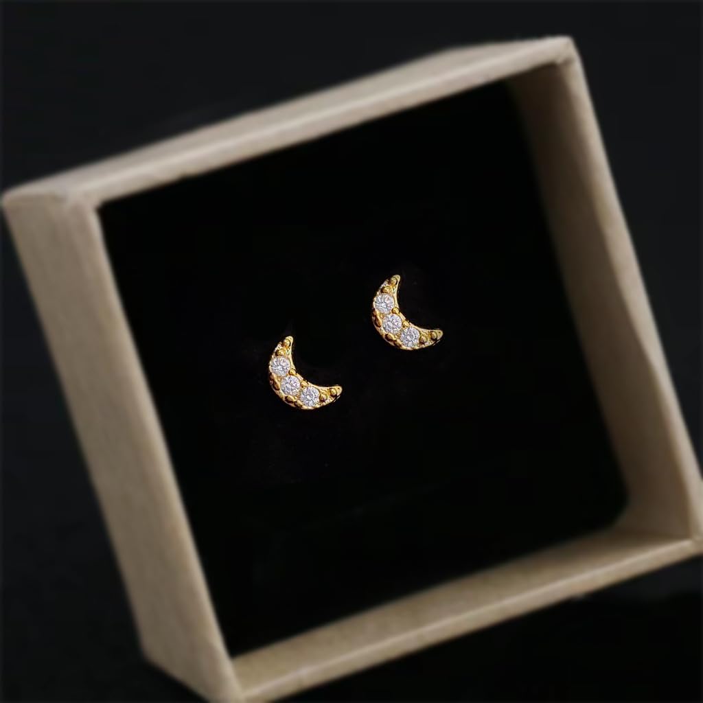 UELSTA Sparkling Rhinestone Crescent Moon Stud Earrings for Women Sustainable 14K Gold Plated Recycled Brass Micro-Inlaid Zircon Hypoallergenic 925 Silver Posts Minimalist & Celestial 3x4mm