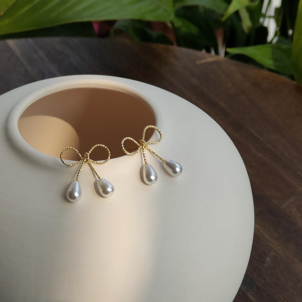 UELSTA Ribbon Pearl Drop Earrings for Women Sustainable 14K Gold Plated Recycled Brass 925 Sterling Silver Posts Faux Pearls Bowknot Design 17mm