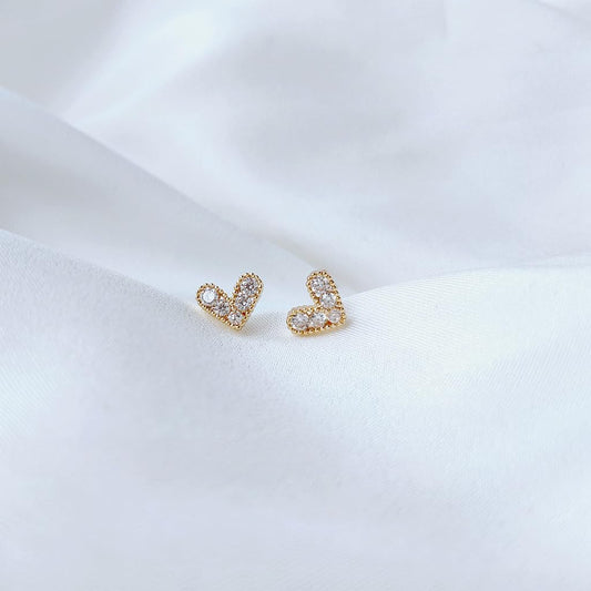 UELSTA Sparkling Rhinestone Petite Heart Stud Earrings for Women Sustainable 14K Gold Plated Recycled Brass Micro-Inlaid Zircon Hypoallergenic 925 Silver Posts Dainty & Elegant 7mm