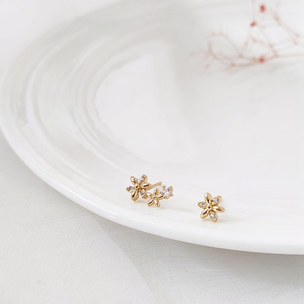UELSTA Sparkling Asymmetrical Zircon Flower Stud Earrings for Women Sustainable 14K Gold Plated Recycled Brass Micro-Inlaid Zircon Rhinestone Hypoallergenic 925 Silver Posts Nature-Inspired & Unique 12mm/5mm