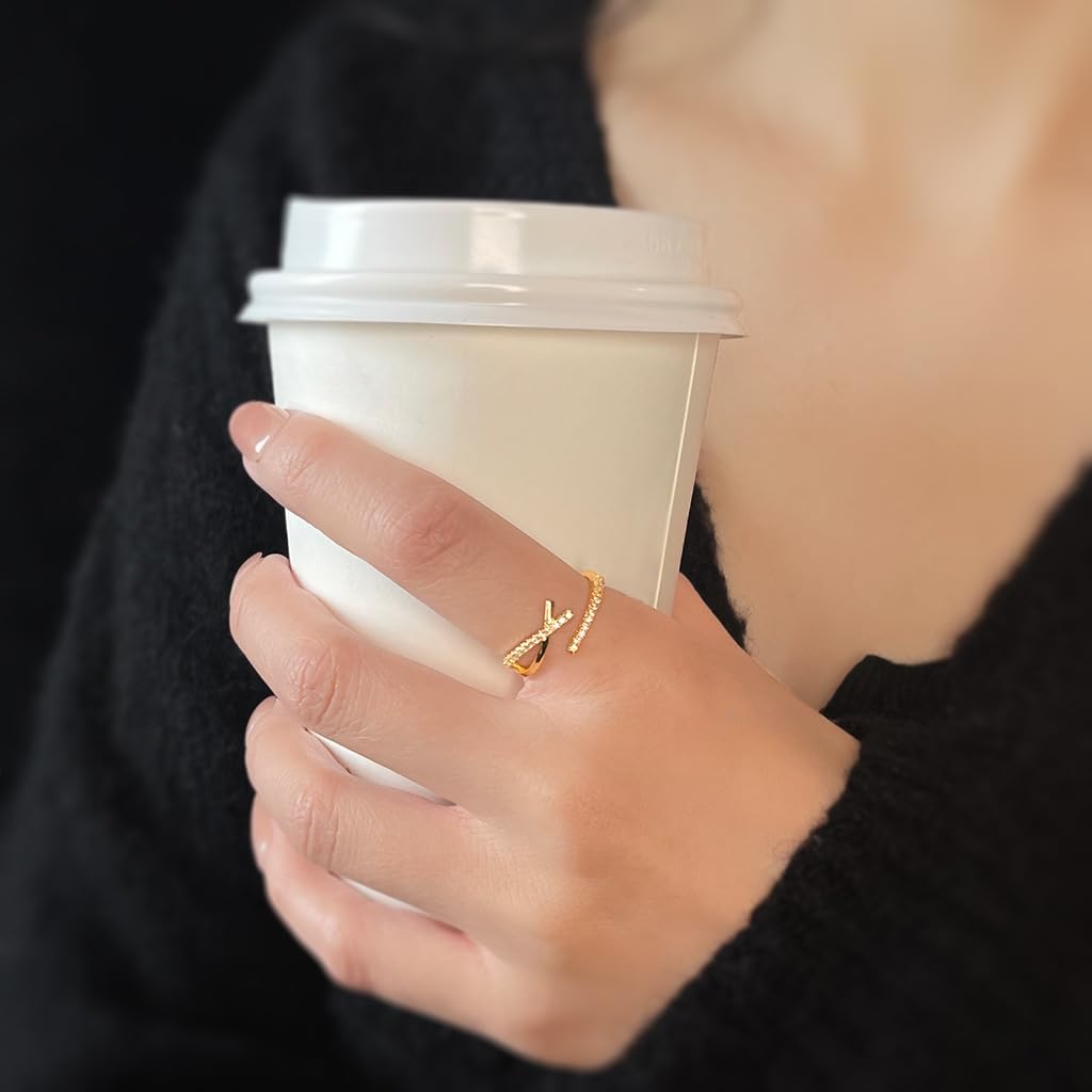 UELSTA Sparkling Rhinestone Crossover Adjustable Ring for Women Sustainable 14K Gold Plated Recycled Brass Dazzling Cubic Zirconia Open Design Minimalist & Versatile
